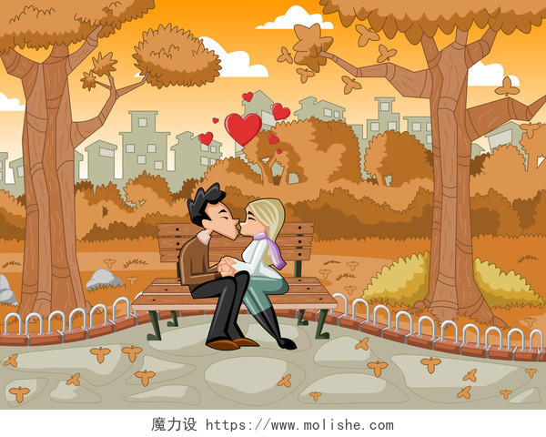 热烈的亲吻在公园的长椅上秋季的年轻浪漫情侣幸福情侣幸福的人